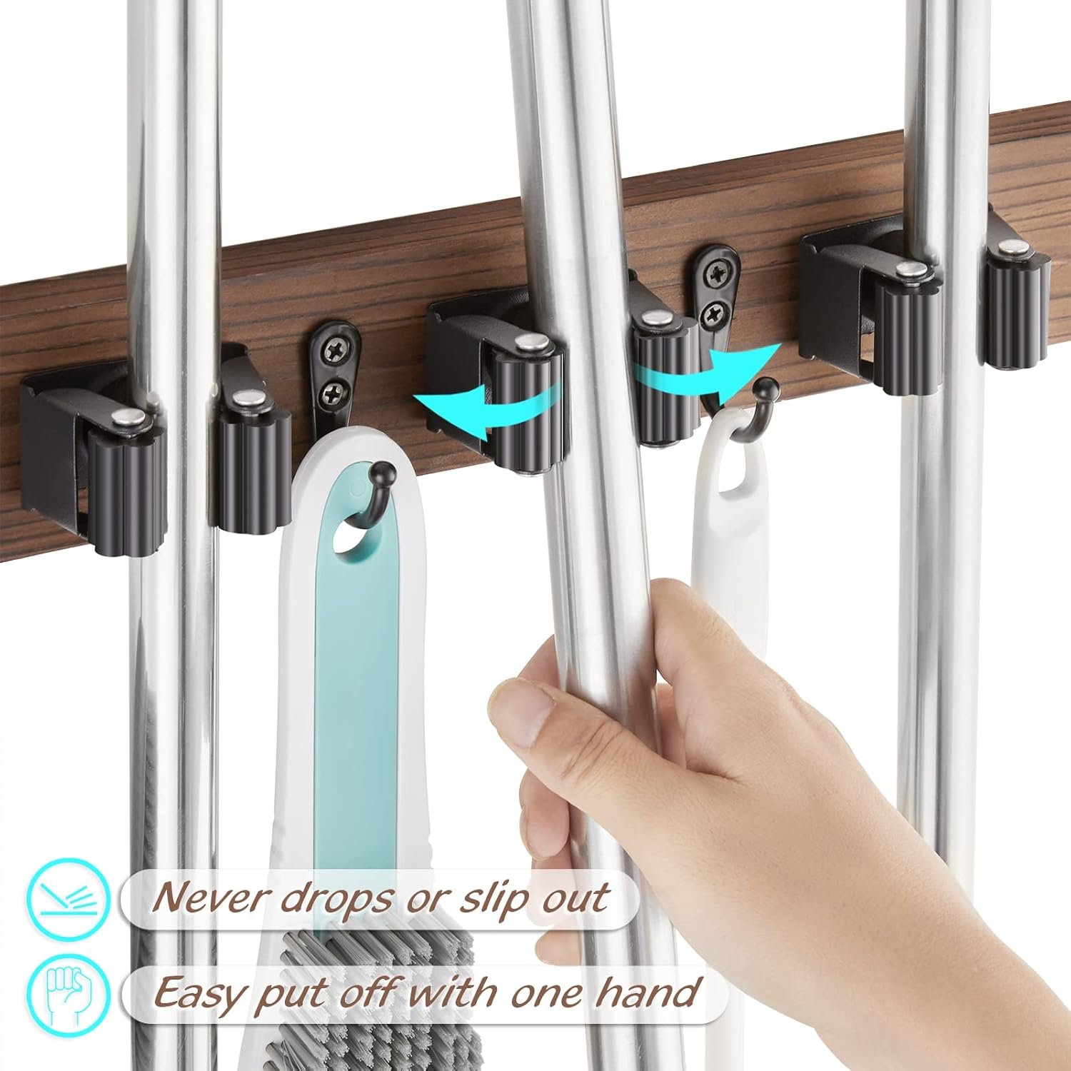 Mop and Broom Holder Wall Mount - Rustic Wood Broom Mop Hanger - Wall Mounted Garden Tool Rack Organizer for Closet Garage Laundry Room Kitchen Decor With 4 Slots & 4 Hooks - Image 2