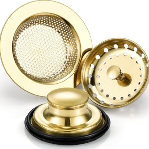 Mudder 3 Pcs Kitchen Sink Drain Strainer and Stopper Stainless Steel Garbage Disposal Plug with Handle Universal Anti-Clogging Kitchen Sink Filter Sieve Basket Strainer(Light Gold)
