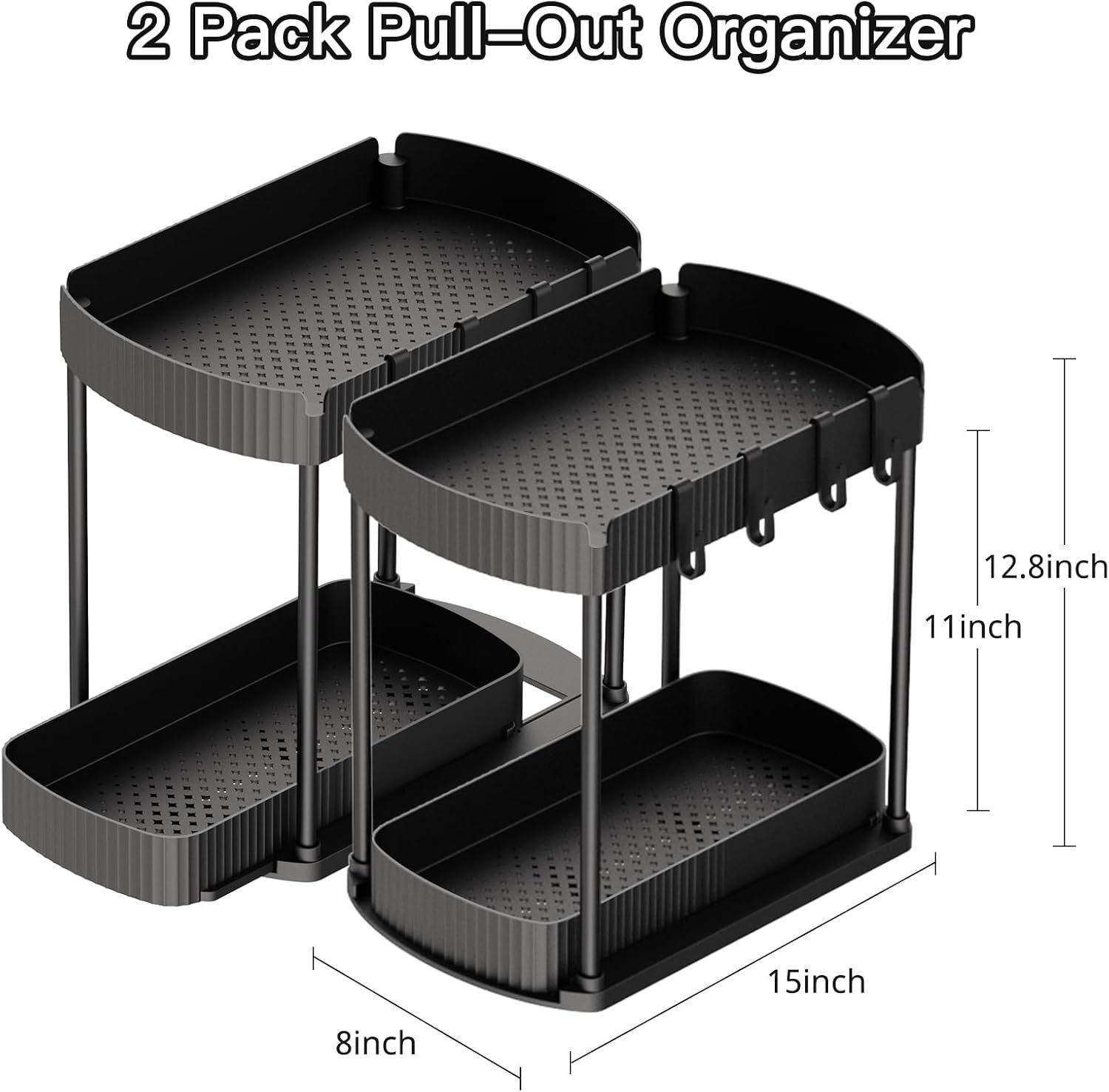 Multi-Purpose Pull-Out Storage Organizers, Under Sink/Cabinet Organizers and Storage for Bathroom & Kitchen, Black, 12.8 Inches, 2 Packs - Image 2