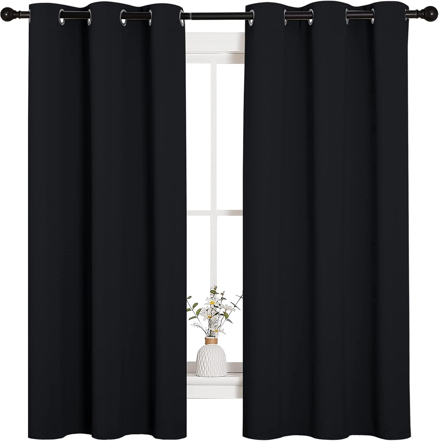 NICETOWN Pitch Black Solid Thermal Insulated Grommet Blackout Curtains/Drapes for Bedroom Window (2 Panels, 42 inches Wide by 63 inches Long, Black)