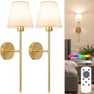 NIORSUN Battery Operated Wall Sconce Set of 2,Gold Rechargeable Wall Lights with 5200mAh Dimmable Bulbs and Remote,10 Colors Wireless Wall Lamps for Bedroom Living Room Hallway Decor