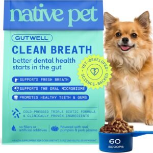 Native Pet GutWell Clean Breath - Dog Breath Freshener & Dog Dental Powder - Teeth Cleaning to Reduce Plaque & Tartar - Promotes Fresh Breath with Targeted Triple-biotic Dental Care Blend - 60 Scoops