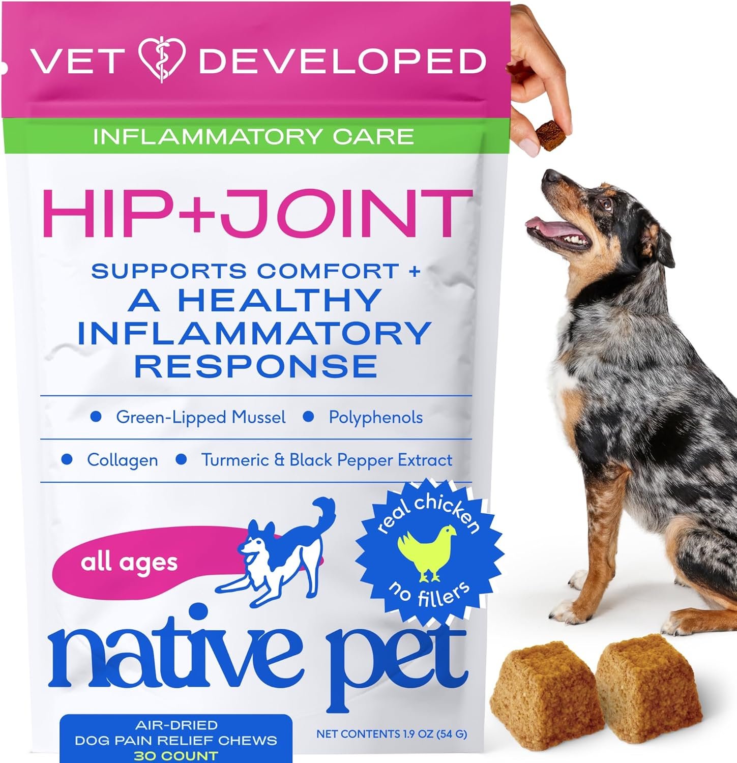 Native Pet Pain Relief for Dogs - Collagen for Dogs Promotes Joint Health, Reduce Inflammation & Stiffness - Senior Pup Joint Supplement - Natural Pain Reliever for Active & Aging Pets - 30 Chews