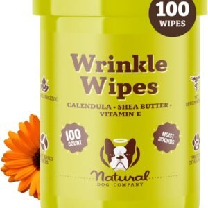 Natural Dog Company Wrinkle Wipes for Dogs, 100 Count, Hypoallergenic Dog Wipes, Wrinkle Wipes French Bulldog, Cleaning & Deodorizing, Dog Wipes for Grooming Faces, Paws & Butts