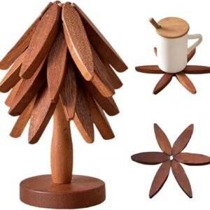 Natural Foldable Black Walnut Wooden Trivet Set - 4 Trivets + 1 Stand for Hot Dishes, Pot, Bowl, Teapot, Hot Pot Holders(Black Walnut)