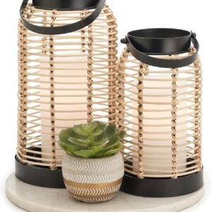 Natural Rattan Boho Lanterns - Handcrafted Chic Decor to Enhance Your Home - Modern Farmhouse Beauty Perfect for Any Living Room, Patio & Porch, Indoor and Outdoor Coffee Table or Kitchen Dining Table
