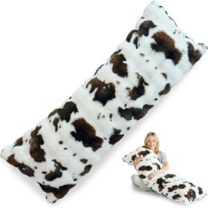 OMEO Winter Fluffy Full Body Pillow – Memory Foam Pregnancy Pillow, Nursing Pillow for Side Sleepers, Weighted Body Pillow for Adults (Soft Cow Print Cover)