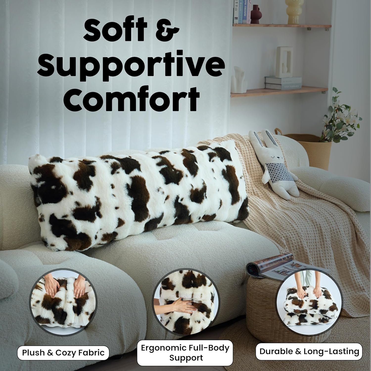 OMEO Winter Fluffy Full Body Pillow – Memory Foam Pregnancy Pillow, Nursing Pillow for Side Sleepers, Weighted Body Pillow for Adults (Soft Cow Print Cover) - Image 2