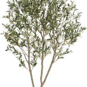 Olive Trees Artificial Indoor, 7FT Tall Faux Olive Tree with White Tall Planter, Artificial Plants with Natural Wood Trunk and Lifelike Fruits for Home Office Decor