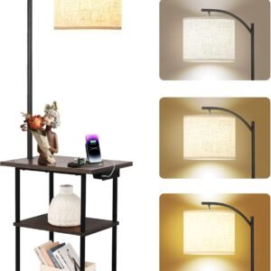 PESRAE Floor Lamp with Table, End Tables with Charging Station(USB & Type-C & AC Port), 3 Color Temperatures 9W LED Bulb, Modern Shelves Side Table for Bedroom, Living Room