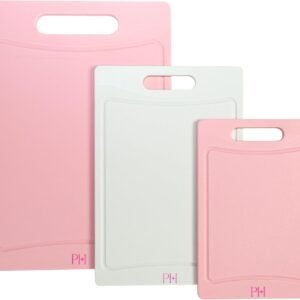 Paris Hilton Cutting Boards, Dual-Sided Cutting Board Set with Built-in Juice Grooves, Easy-Grip Handles, Heavy-Duty Plastic Made without BPA, Dishwasher Safe, 3-Piece Set, Pink and Cream