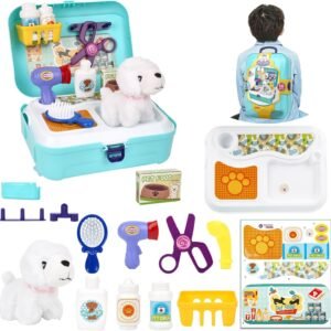 Pet Care Play Set for Kids, 16Pcs Doctor Kit Pretend Play Vet Puppy Dog Grooming & Feeding Toys with Backpack, Educational Toys for Girls and Boys 3-7 Years Old