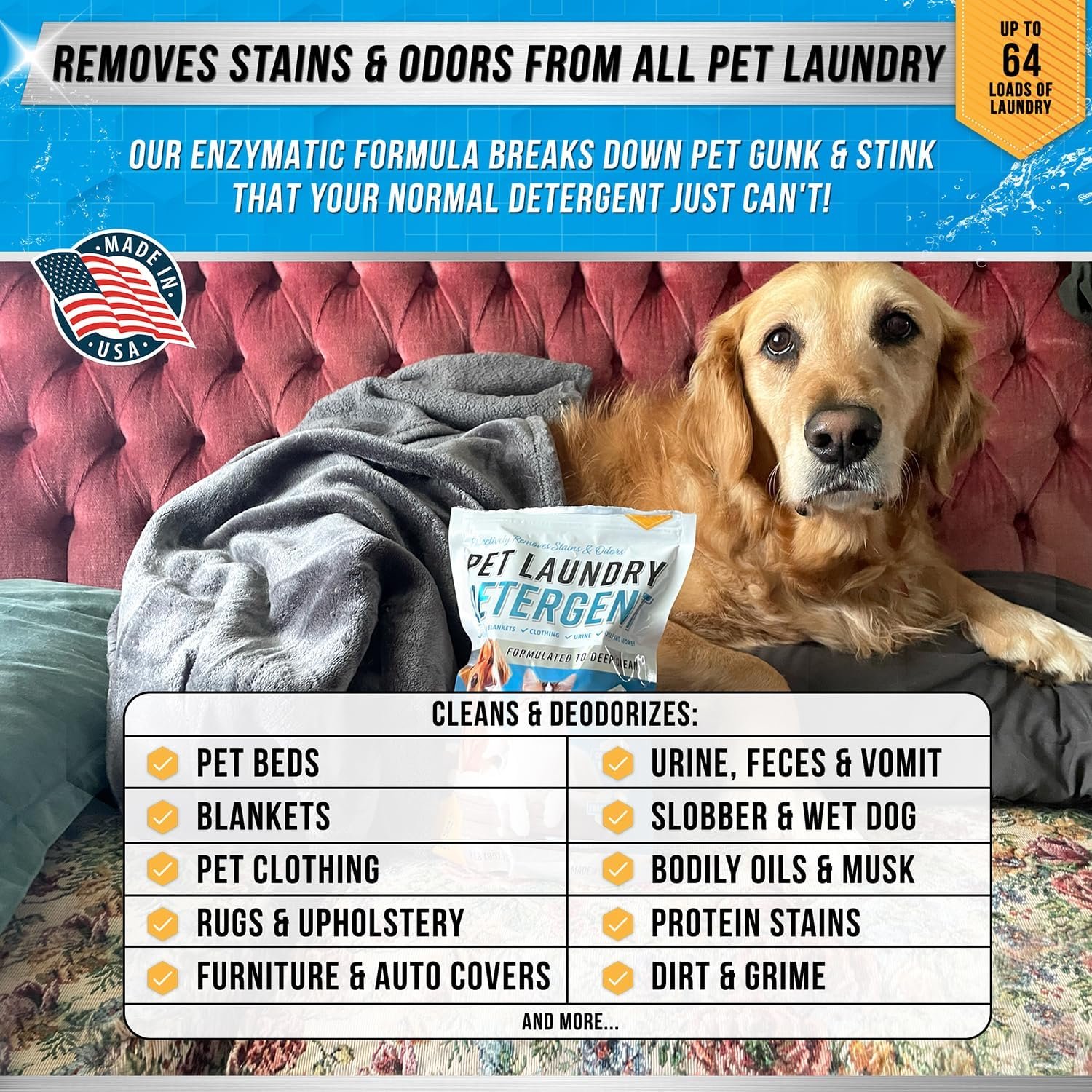Pet Laundry Detergent Odor Remover - ACTIVE Enzyme Based Powder Detergent for Dogs Beds, Cat Pee, HE Washer Friendly Natural Enzymatic Deodorizer, Urine, Smell, Dog Drool, Stain Eliminator - 64 Loads - Image 2