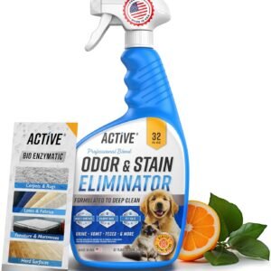 Pet Odor and Stain Eliminator - 32 oz ACTIVE Enzyme Cleaner for Dog & Cat Urine, Stain Remover Spray for Carpet, Upholstery, Hardwood, Spot Cleaning, Deodorizer for Dogs Cats Pets - Natural Citrus Oil