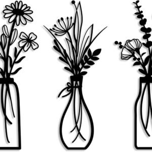 Pigort 3 Pieces Metal Flowers Wall Arts - Rustic Farmhouse Decor Black Minimalist Flower Wall Decors for Living room Bathroom Bedroom Dining Room - Housewarming Gifts(Black, Vase-C)