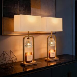 PoKat Electric Candle Warmer Lamps Gold, Lamp Candle Warmers with Timer Dimmer, Wax Light Warming Table Lamps Set of 2 for Jar Candles, Modern Bedside Lamp for Home Decor Living Room, Bulb Included