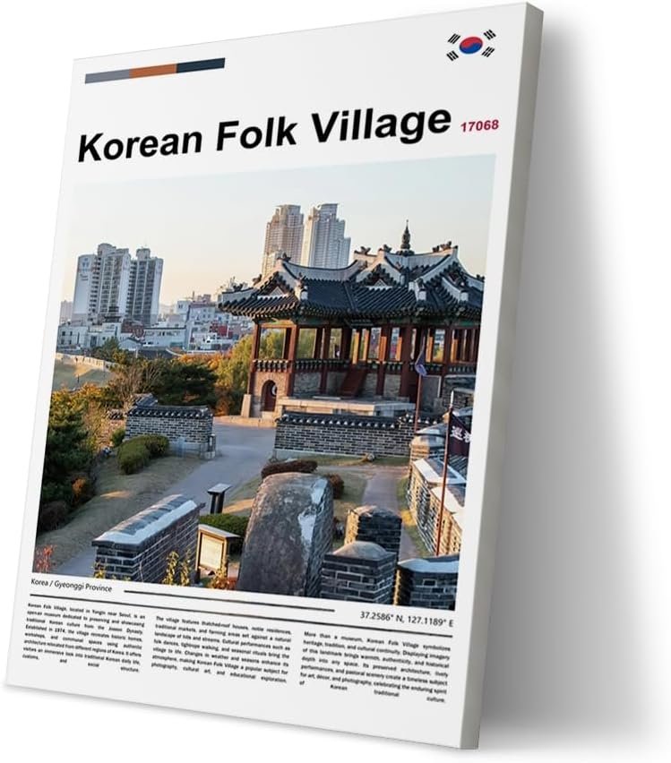 Poster Korean Folk Village Wall Art Original Design(30"x20" Wrapped Canvas) Joseon Dynasty Architecture Print South Korea Travel Landmark Gyeonggi Cultural Heritage Ancient Palace Zen Scenery Picture