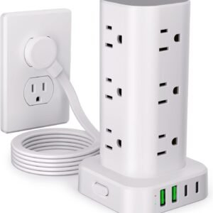 Power Strip Tower with Multiple Outlets, Flat Plug Surge Protector Tower Extension Cord with 12 AC Outlets 4 USB Ports (2 USB C), 6FT Cord Power Tower Surge Protector for Home Office Dorm Room, White
