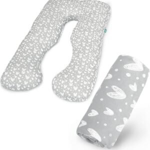 Pregnancy Pillow Cover U-Shaped (ONLY Pillowcase), Super Soft Replacement Cover Fits Most 55/57 Inch Maternity Pillow, Full Body Pregnancy Pillow Case, Universal Fit, Grey Hearts Print