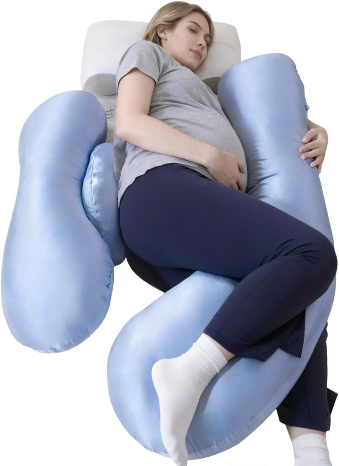 Pregnancy Pillows for Side Sleeping - Adjustable Belly & Back Support Pillow,H Shaped Full Body Maternity Pillow with Cooling Removable Cover, for Pregnant Women and Adults(Blue)