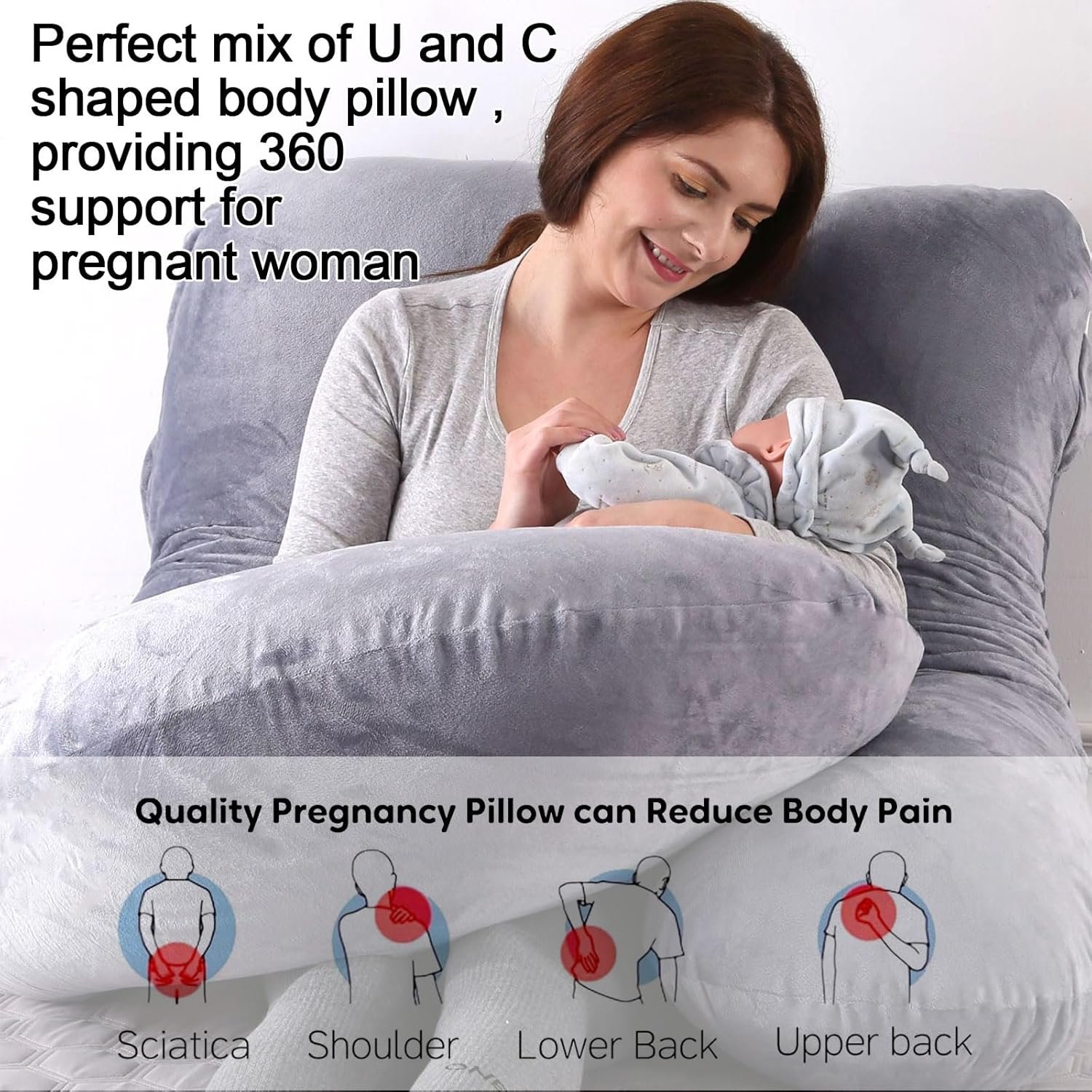 Pregnancy Pillows for Sleeping, U Shaped Full Body Maternity Pillow with Removable Cover - Support for Back, Legs, Belly, HIPS for Pregnant Women,Pregnancy Pillow, Grey - Image 2
