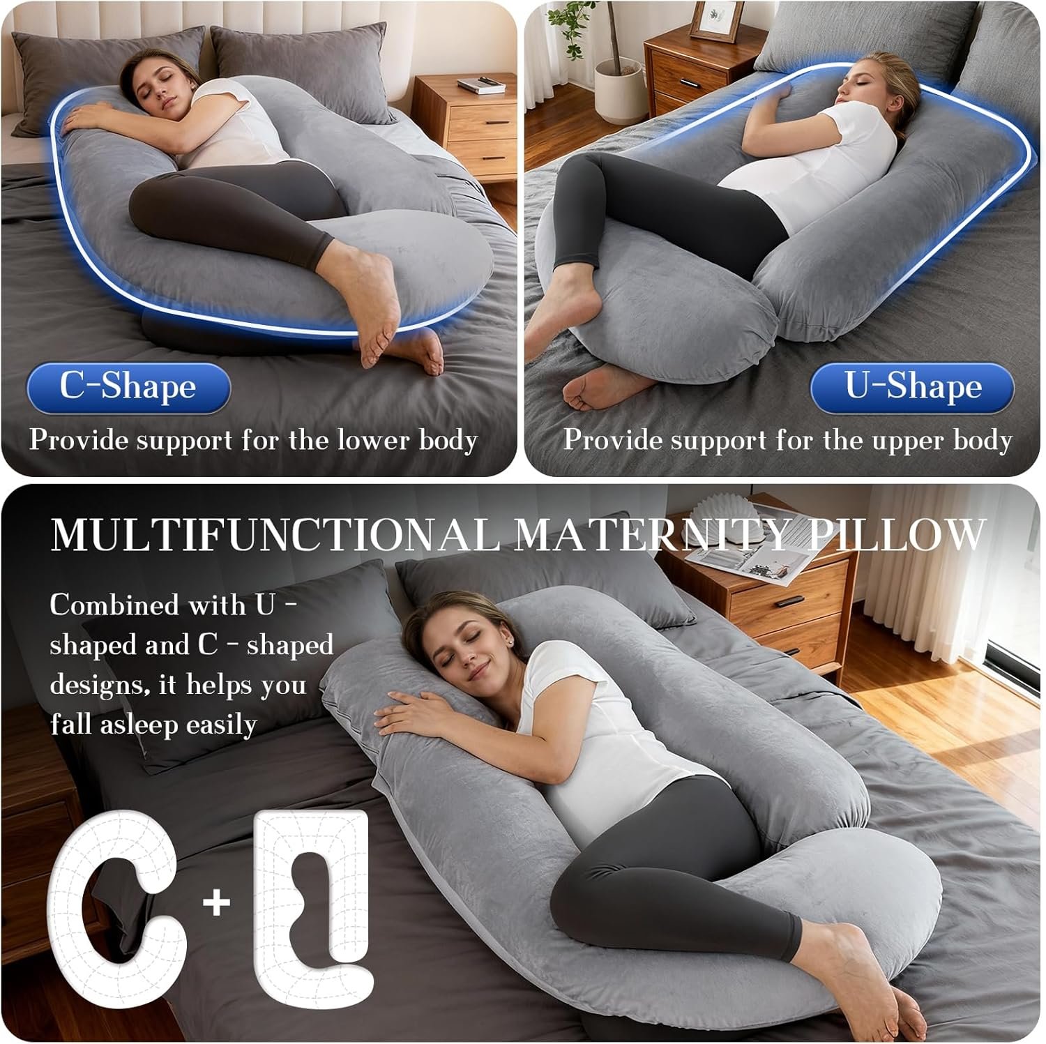Pregnancy Pillows for Sleeping, U Shaped Full Body Maternity Pillow with Removable Velvet Cover - Support for Back, Legs, Belly, HIPS for Pregnant Women, 57 Inch Pregnancy Pillow for Women, Grey - Image 2