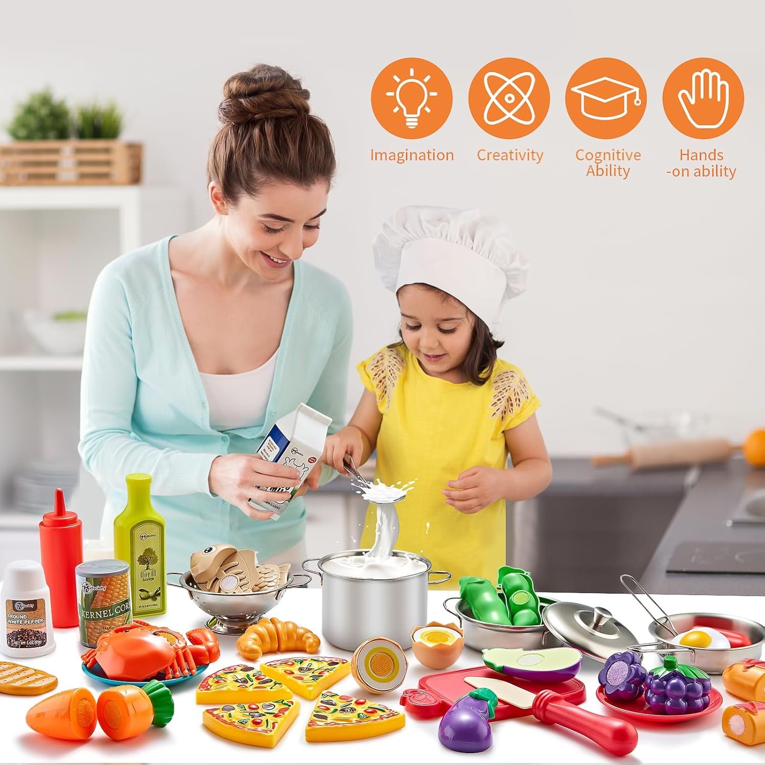 Pretend Play Accessories - 52pc Kids Kitchen Playset with Play Food, Stainless Steel Cookware, Toys Pots and Pans, Toddler Kitchen Set with Cuttable Toy Food - Boys and Girls Gift - Image 2
