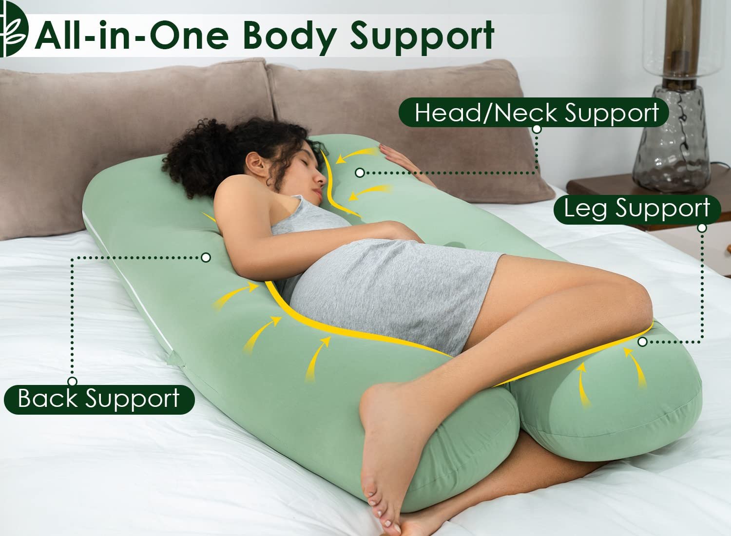 QUEEN ROSE Cooling Pregnancy Pillows, U Shaped Full Body Maternity Pillow for Pregnant Support, Rayon Derived from Bamboo, Buttery Soft, Super Breathable for Hot Sleeper, Green - Image 2
