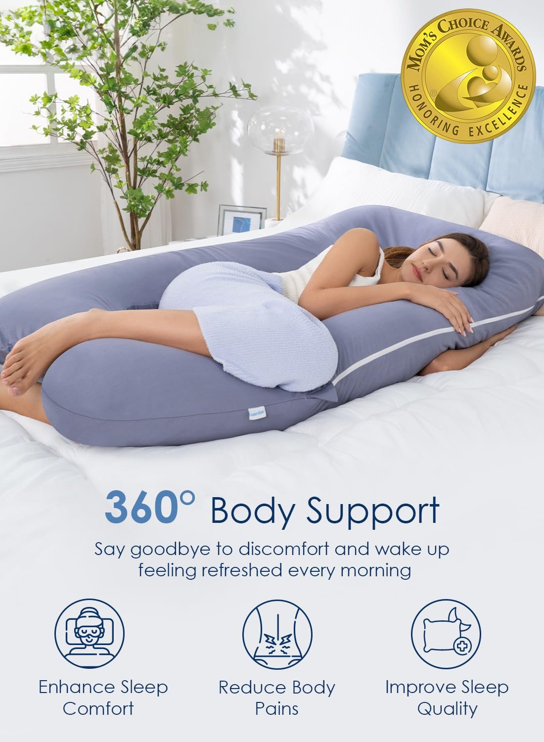 QUEEN ROSE Pregnancy Pillow, U Shaped Full Body Pillows for Sleeping Support, 55 Inch Maternity Pillow for Pregnant Women with Cooling Silky Cover, Blue - Image 2