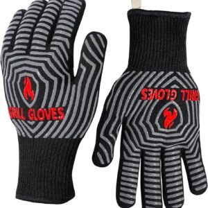QUWIN BBQ Gloves, Oven Gloves, 1472℉ Extreme Heat Resistant,Grilling Gloves Silicone Non-Slip Oven Mitts, Kitchen Gloves for BBQ, Grilling, Cooking, Baking-1 Pair… (Black, One Size Fits Most)