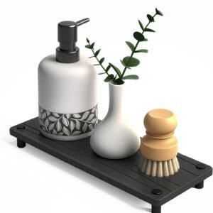 Quick Dry Sink Caddy Kitchen Sink Organizer, Water Absorbing Stone Tray for Sink, Stone Drying Tray, Diatomite Faucet Mat & Protector, Dispenser Sponge Holder, Stone Soap Tray for Bathroom Counter