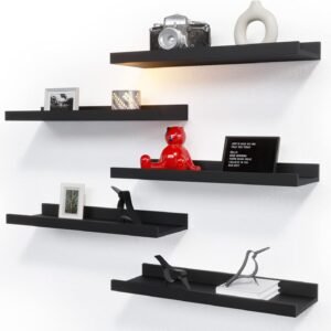 RICHER HOUSE 5 Set Floating Wall Mounted Shelves, Black Shelves for Wall Decor, Modern Picture Ledge Shelf with Lip for Storage, Nursery, Bedroom, Living Room, Bathroom - Black