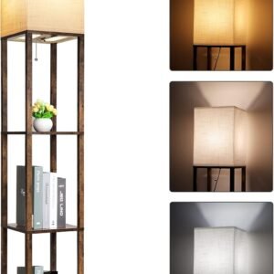 RUNTOP Floor Lamp with Shelves, Modern Shelf Lamp for Display Storage, 3 Color Temperature Wood Narrow Standing Corner Lamp with 8W Bulb for Living Room Decor, Bedroom, Office, Home Decor(Brown)