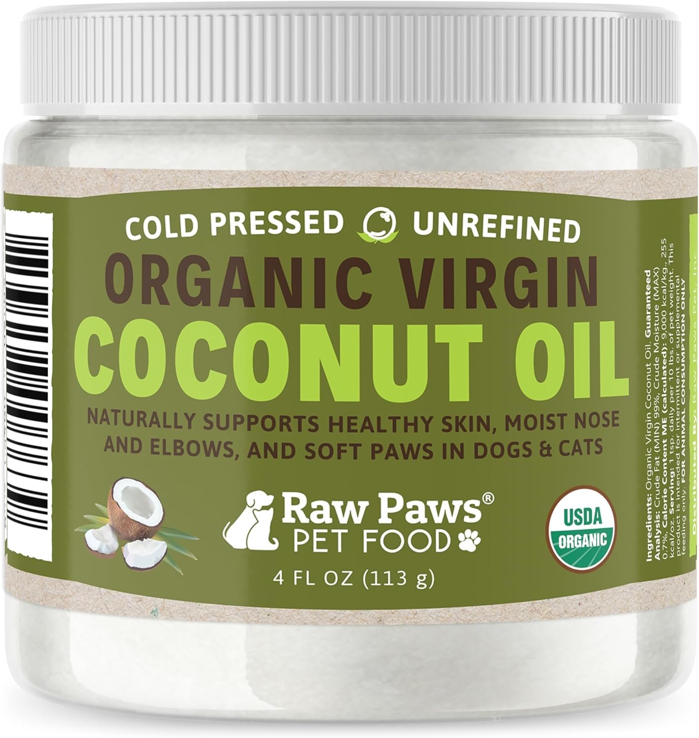 Raw Paws Virgin Organic Coconut Oil for Dogs & Cats, 4-oz - Treatment for Itchy Skin, Dry Nose, Paws - Hot Spot Lotion - Natural Hairball Remedy for Cats