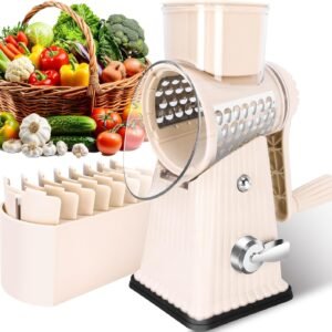 Rotary Cheese Grater with 5 Well-designed Blades & Strong Suction Base, Kitchen Mandoline Vegetable Slicer with Blade Storage Box(Off-white)