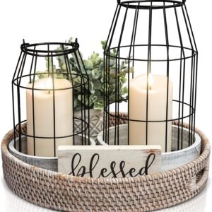 Rustic Farmhouse Lantern Decor Set of 2 - Stylish Decorative Lanterns for Your Living Room, Fireplace Mantle or Kitchen Dining Table - Modern Indoor/Outdoor Coffee Table Decor for Your Entire Home