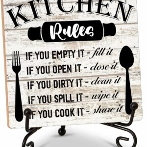 Rustic Wood Plaque with Stand - Kitchen Decor - Kitchen Rules Wood Sign - Idea Wooden Decor for Home Living Room Dining Room Shelf Table Decoration (31)