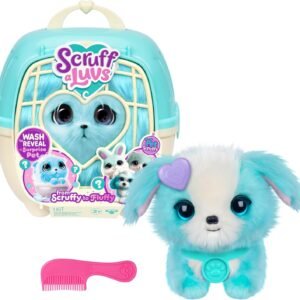 SCRUFFALUVS Blue Surprise Pet, Mystery Plush Toys, Stuffed Animals, Wash to Reveal 1 of 3 Rescue Surprise Toy Pets: Puppy, Bunny, or Kitty - Includes 8.7" Deluxe Carrier - Styles May Vary