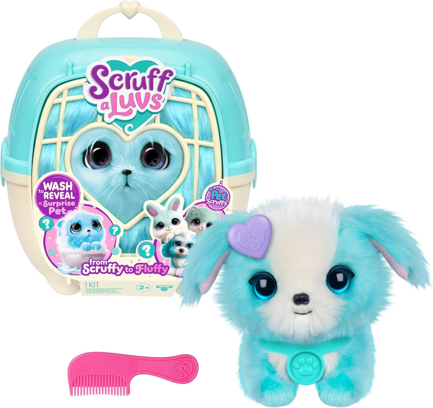 SCRUFFALUVS Blue Surprise Pet, Mystery Plush Toys, Stuffed Animals, Wash to Reveal 1 of 3 Rescue Surprise Toy Pets: Puppy, Bunny, or Kitty - Includes 8.7" Deluxe Carrier - Styles May Vary