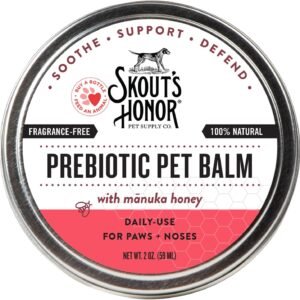 SKOUT'S HONOR Prebiotic Pet Balm - 100% Natural and Made w/Manuka Honey to Promote Healing of Your pet's paw Pads and Nose, Soothes Dry, Itchy Paws and Noses - Safe for Cats and Dogs, 2oz