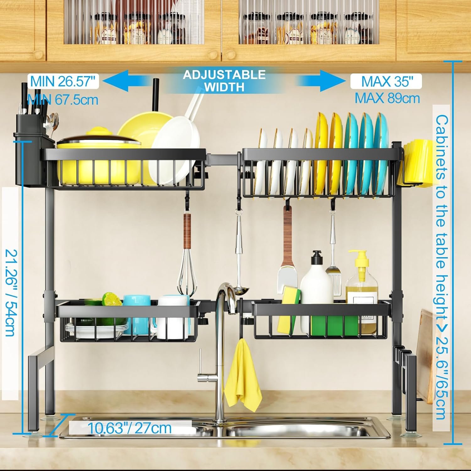 SNSLXH 4 Baskets 2-Tier Over The Sink Dish Drying Rack, 26.57"-35", Large Sink Rack for Kitchen, Extensible and Adjustable, Saving Kitchen Space - Image 2