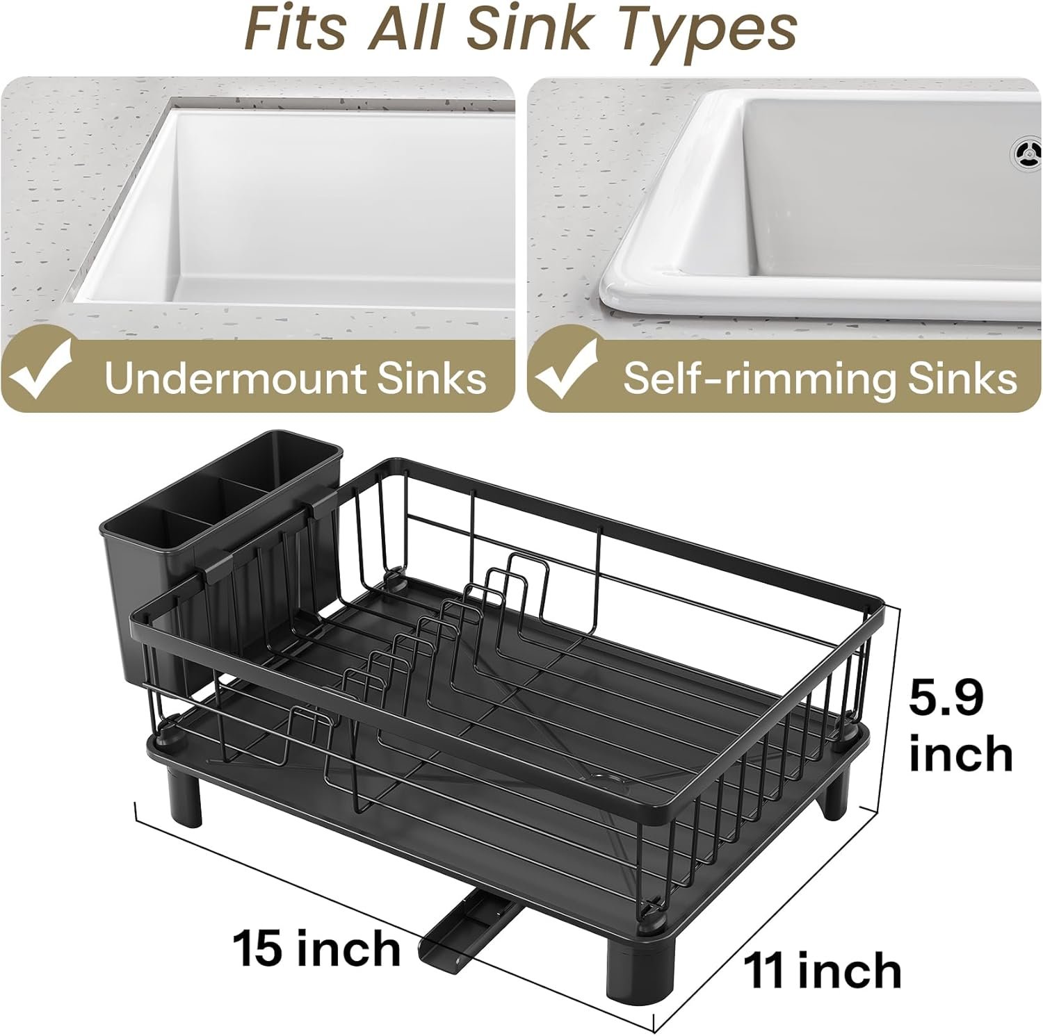 SNTD Dish Drying Rack - Small Dish Rack for Kitchen Counter, Stainless Steel Dish Drainer with Utensil Holder and Drainboard, 11" W x 15" L (Black) - Image 2
