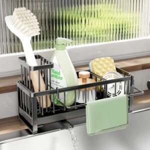 SWTYMIKI Sponge Holder for Kitchen Sink - Sink Caddy with Brush Holder Self-draining Sponge Caddy Organizer with Divider Stainless Steel Kitchen Accessories Storage for Countertop, Black
