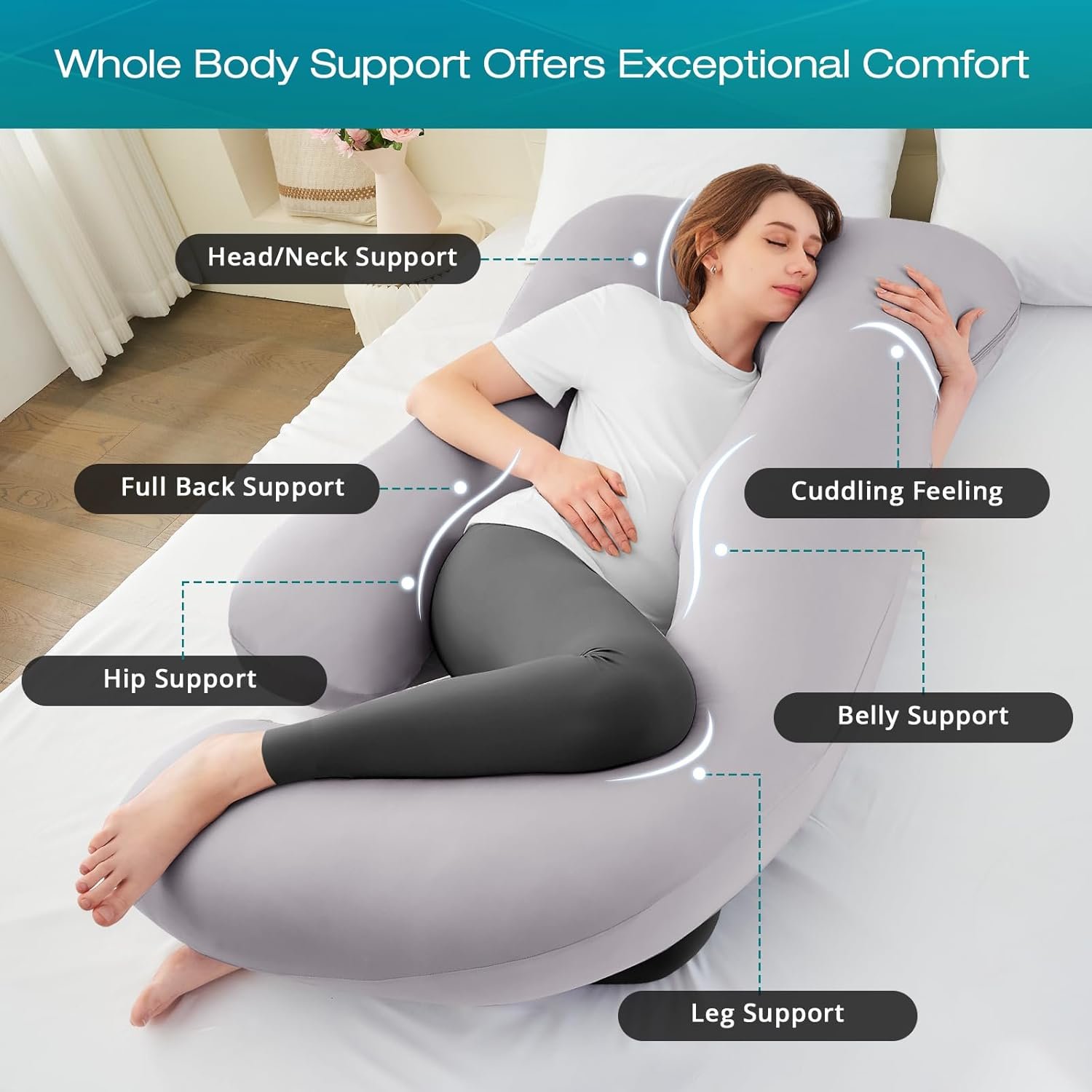 Sasttie Pregnancy Pillows for Sleeping, U Shaped Cooling Full Body Pillow with Removable Cover, Pregnant Women Must Haves, Maternity Essential, Light Grey - Image 2