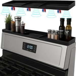 Silicone Magnetic Over the Stove Shelf for Back of Stove - Magnetic Stove Top Shelf and Over Stove Shelf, Over Oven Shelf for Top of Stove, Over the Stove Spice Rack, Includes 6 Extra Plates (Black)