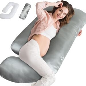 Silky Satin Pregnancy Pillows for Sleeping, U Shaped Cooling Full Body Maternity Pillow with Removable Satin Cover, Support for Back, Legs, Belly, Hip - Body Pillows for Pregnant Women, Grey