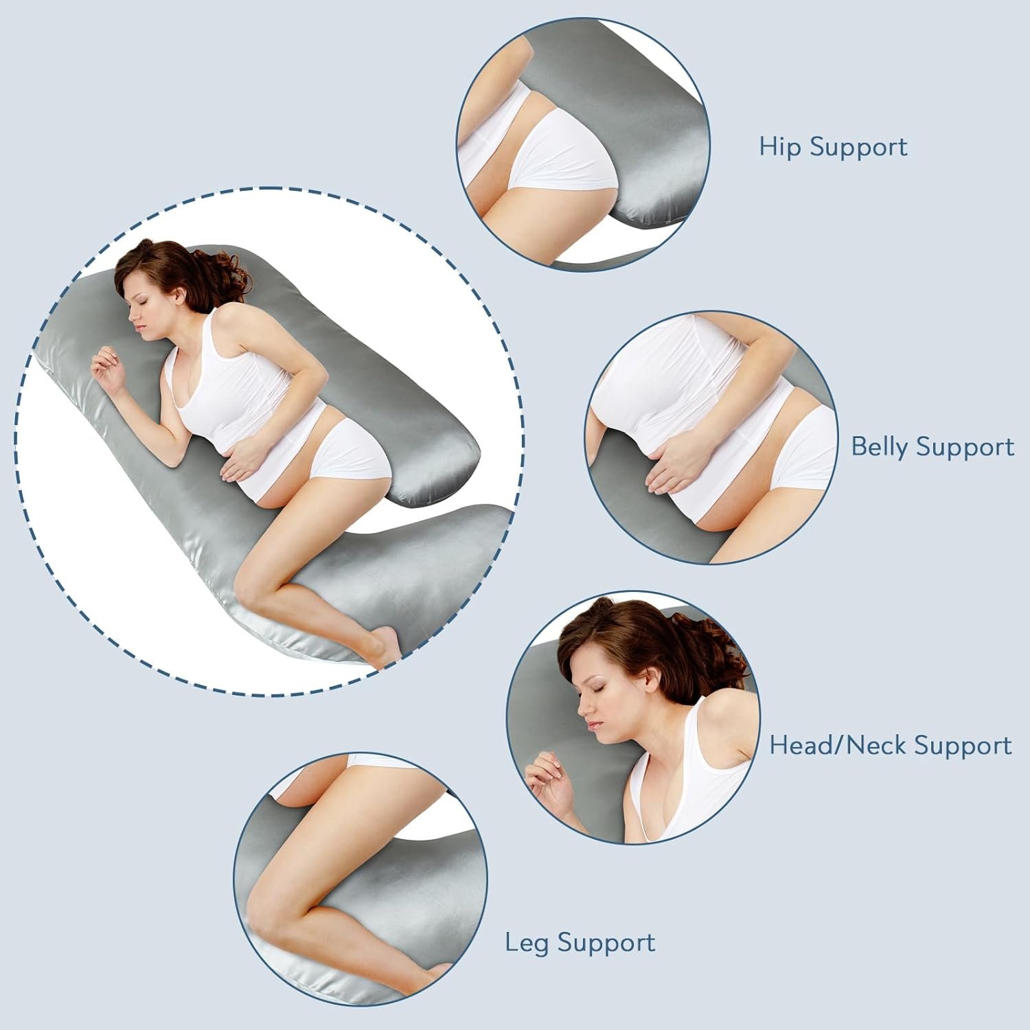 Silky Satin Pregnancy Pillows for Sleeping, U Shaped Cooling Full Body Maternity Pillow with Removable Satin Cover, Support for Back, Legs, Belly, Hip - Body Pillows for Pregnant Women, Grey - Image 2