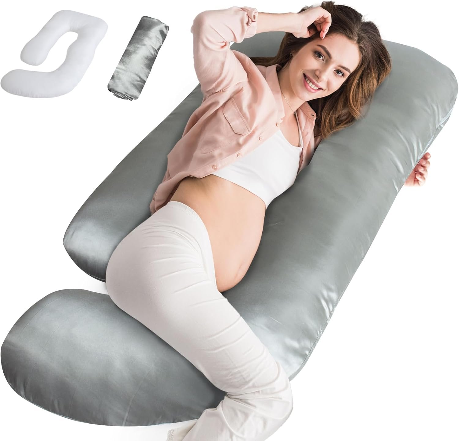 Silky Satin Pregnancy Pillows for Sleeping, U Shaped Cooling Full Body Maternity Pillow with Removable Satin Cover, Support for Back, Legs, Belly, Hip - Body Pillows for Pregnant Women, Grey
