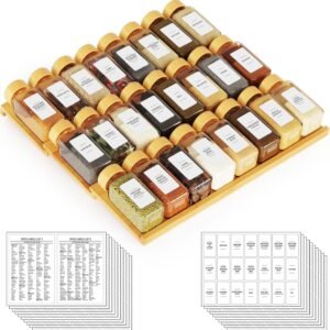 SpaceAid Bamboo Spice Drawer Organizer with 24 Spice Jars, 378 White Minimalist Spice Labels, 3 Tier Seasoning Rack Tray Insert for Kitchen Drawers, 15" Wide x 15" Deep x 2.6" Tall