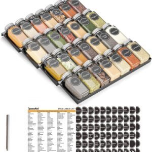 SpaceAid Spice Drawer Organizer with 28 Spice Jars, 386 Spice Labels, 4 Tier Seasoning Rack Tray Insert for Kitchen Drawers, 13" Wide x 17.5" Deep